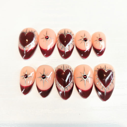 Press on nails Faux ongles bordeaux et nude Saint Valentin 2025 valentine's day press ons heart and Silver
