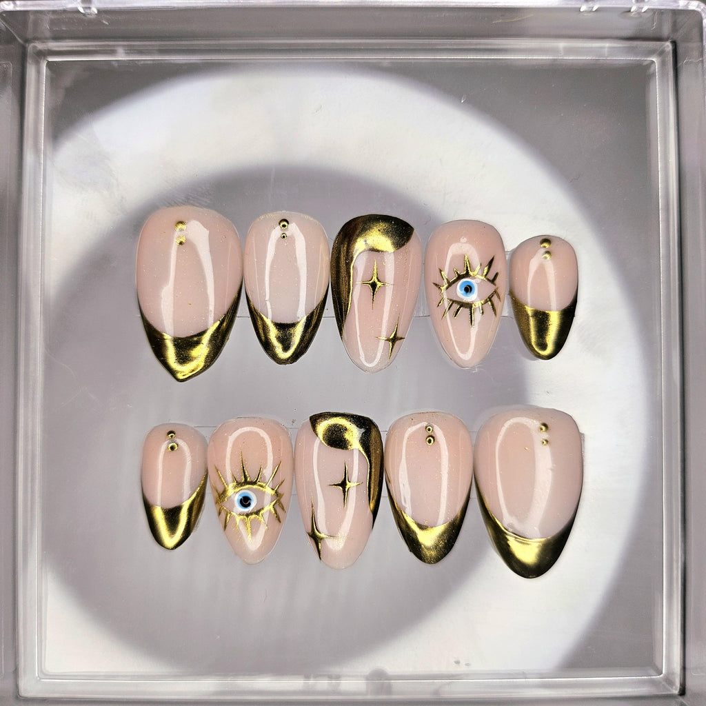 Press on nails Faux ongles occult stars and sun 70's mystic hippie