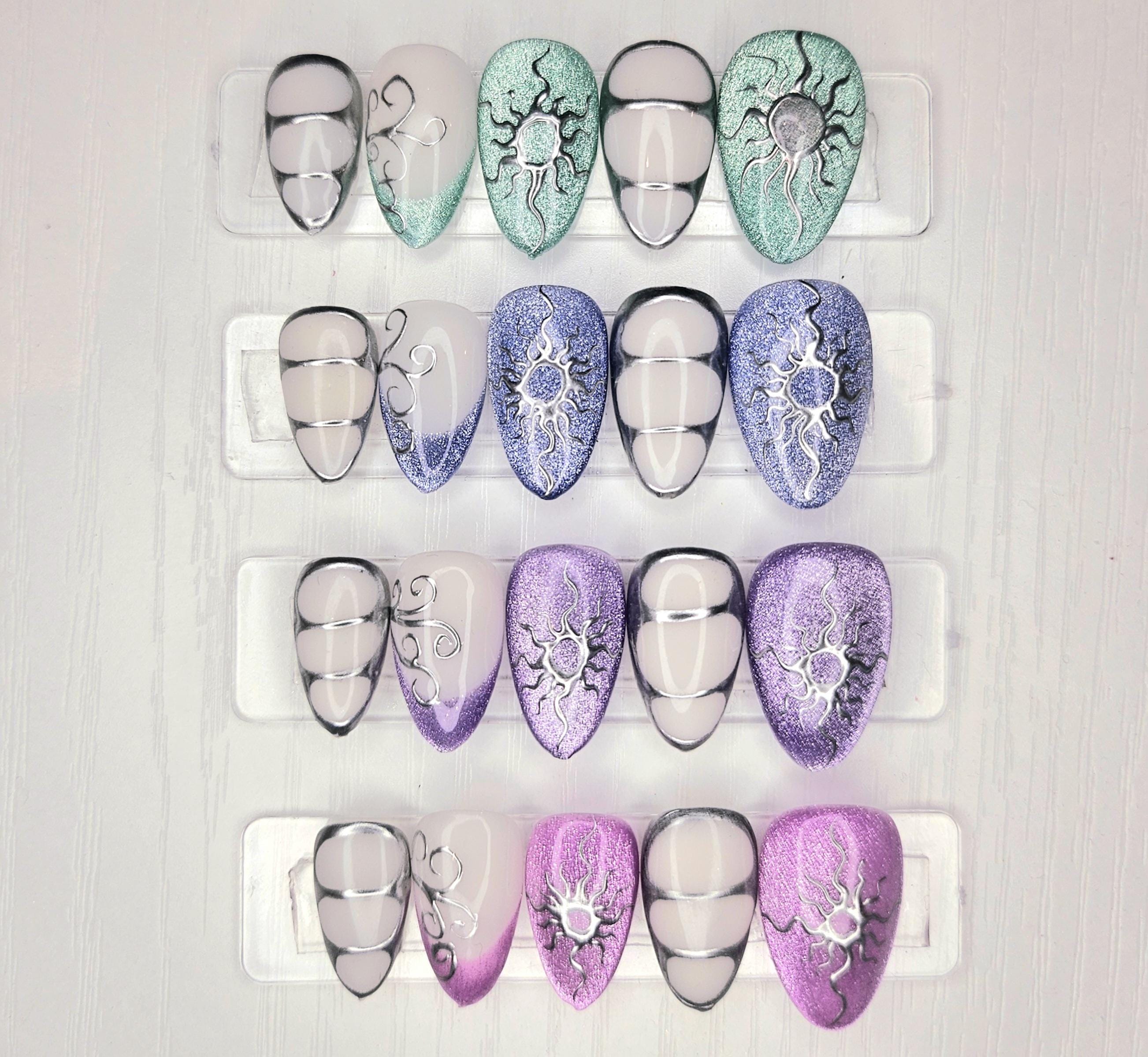 Cat eye silver chrome– Press-on nails chrome vert rose bleu violet  cat eye argenté Amande moyenne  Fait main & sur mesure spring printemps