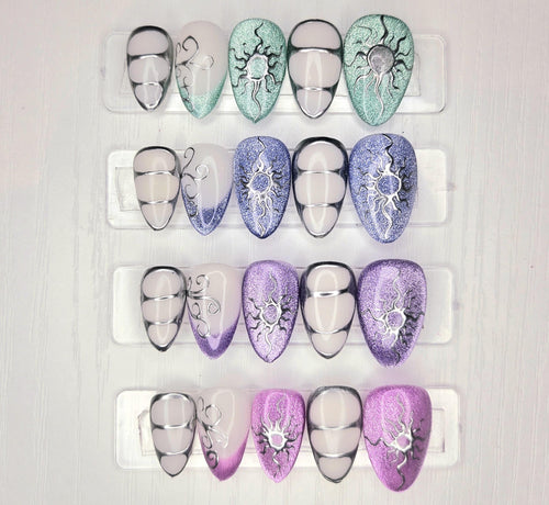 Cat eye silver chrome– Press-on nails chrome vert rose bleu violet  cat eye argenté Amande moyenne  Fait main & sur mesure spring printemps