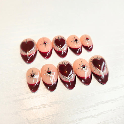Press on nails Faux ongles bordeaux et nude Saint Valentin 2025 valentine's day press ons heart and Silver