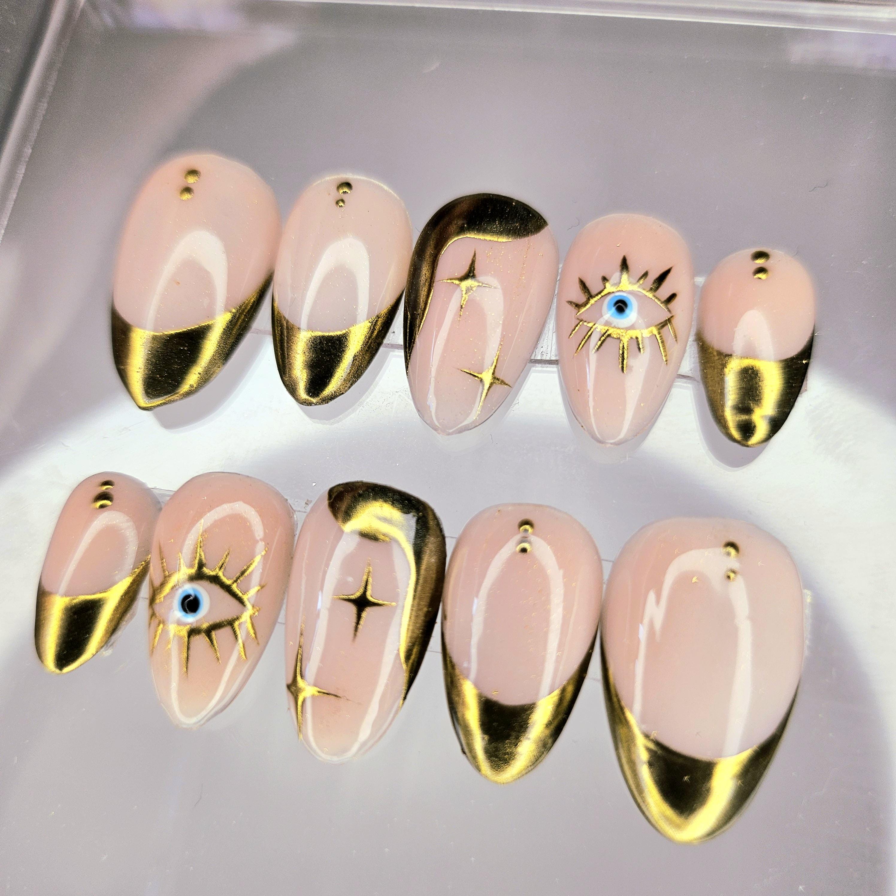 Press on nails Faux ongles occult stars and sun 70's mystic hippie