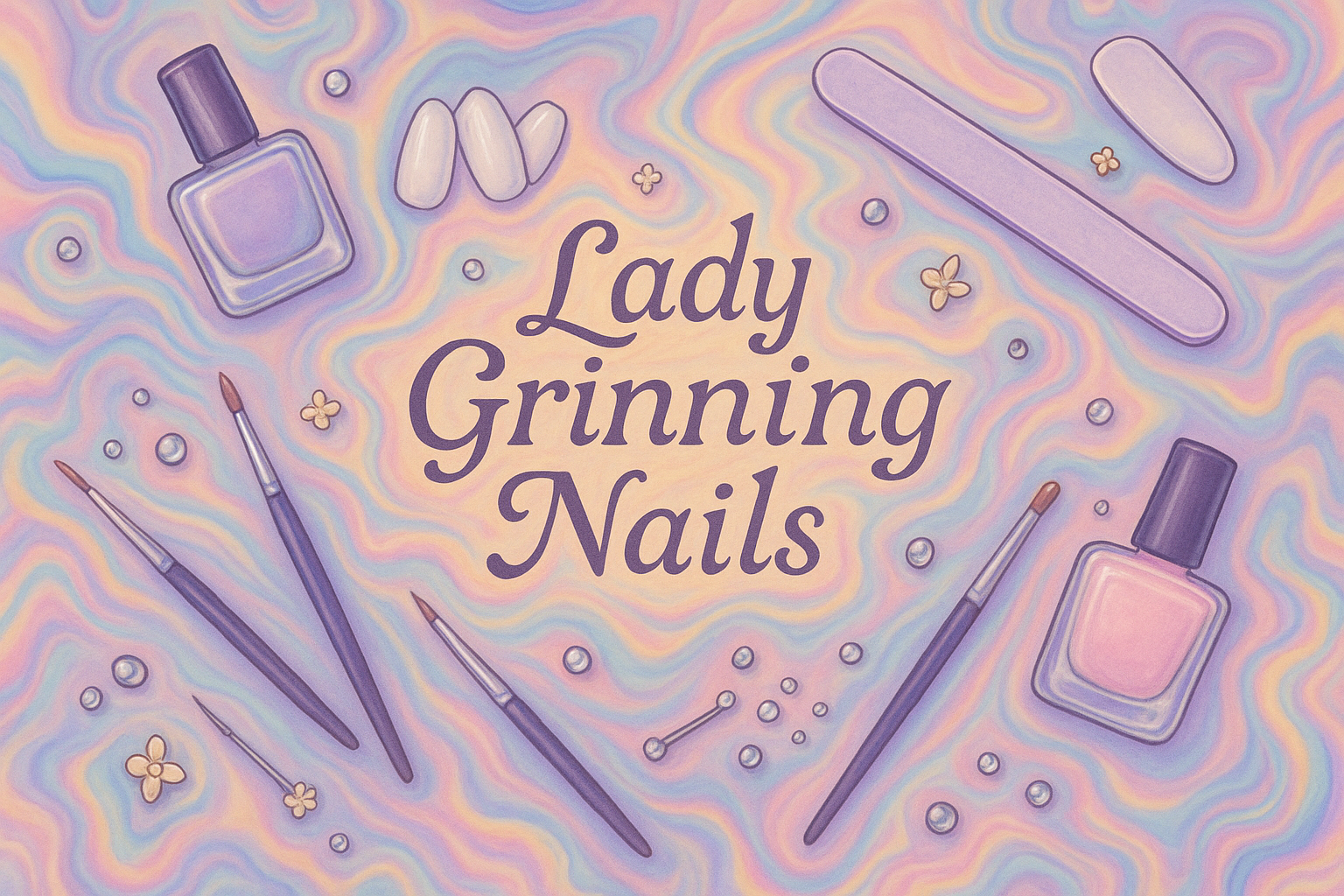 Psyché tache d'huile pastel bleu mauve rose jaune en fondu effet tâche d'huile avec des elements en lien avec les ongles et la creation de faux ongles puis le nom de la marque au centre "Lady Grinning Nails "